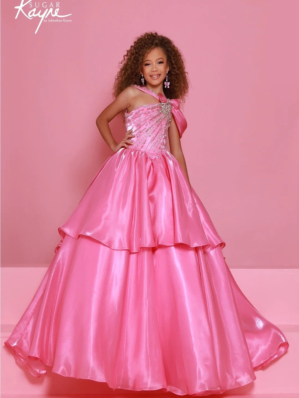 Johnathan Kayne Pink Satin One-Shoulder Ball Gown for Girls